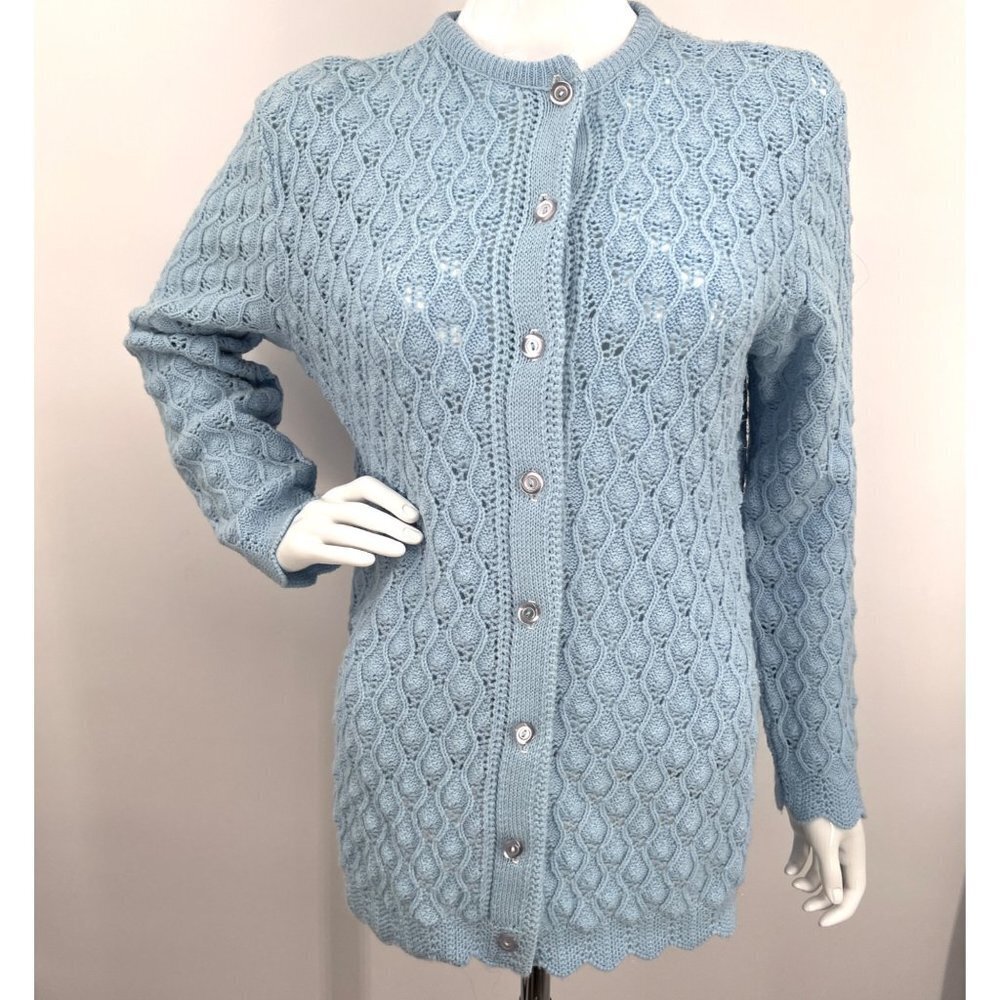 Vintage 70s Buck & Buck Candle Flame Lace Knit Cardigan‎ Grandma L-XL